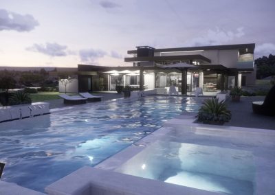 A rendered picture of a massive rectangular pool ending under the terrace of a contemporary home